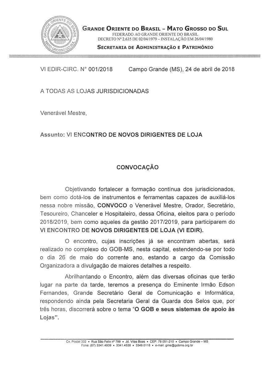 Read more about the article VI EDIR-CIRC nº. 001/2018 – Convocação