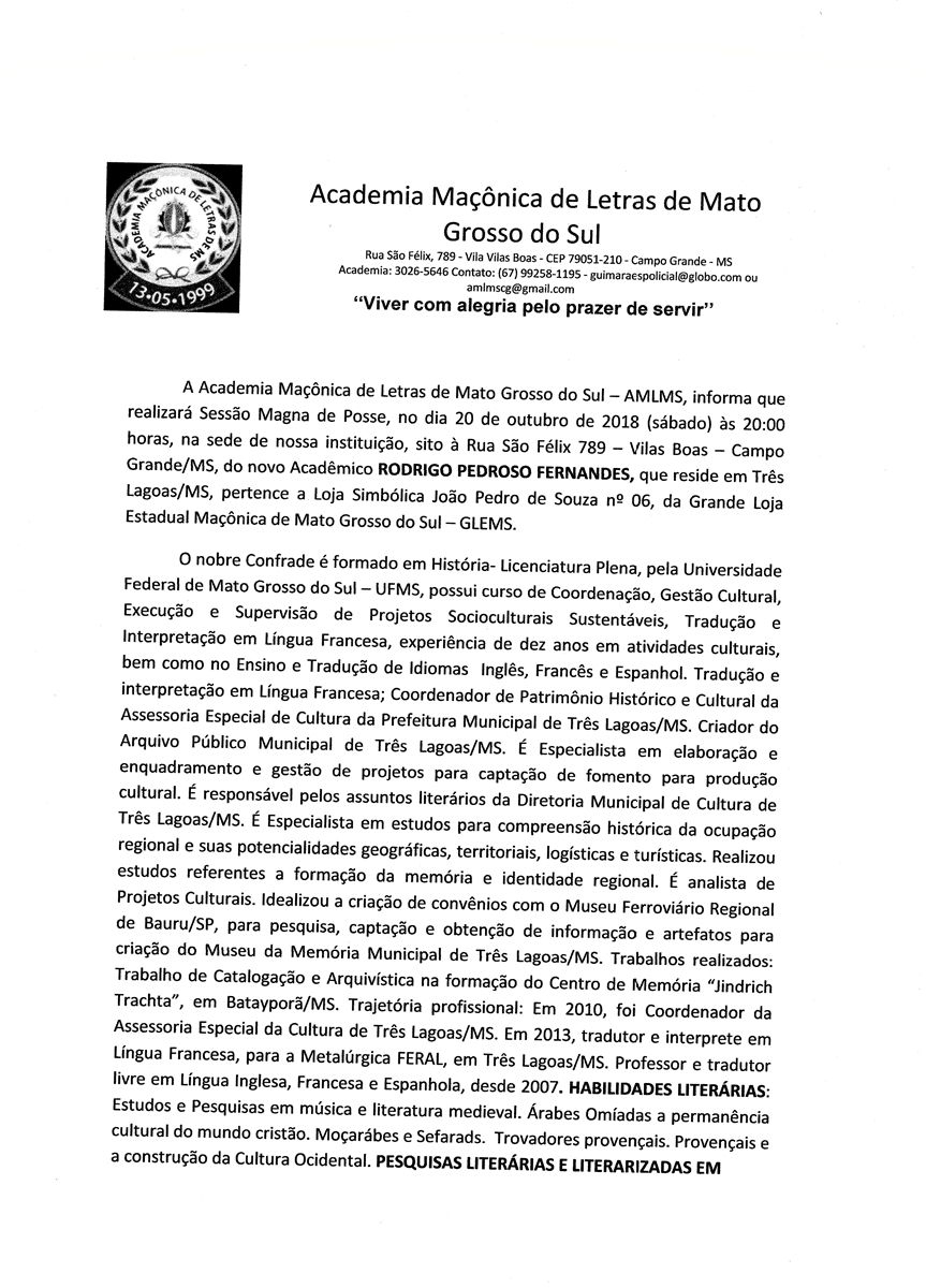 Read more about the article Comunicado – Academia Maçônica de Letras MS