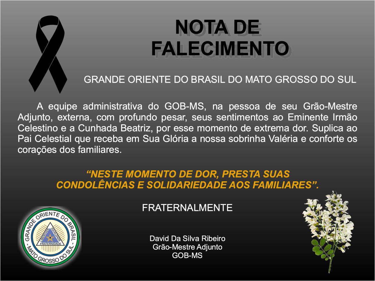 Read more about the article Nota de Falecimento da Sobrinha Valéria – Filha do Nosso Grão-Mestre Ir.’. Celestino