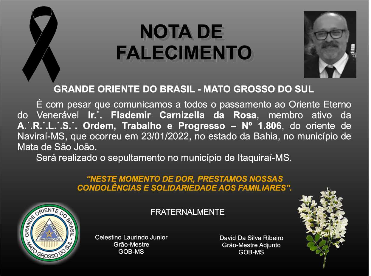 Read more about the article Passagem para Oriente Eterno do Irmão Flademir Carnizella da Rosa