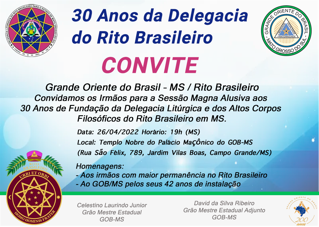 Read more about the article Convite – Sessão Comemorativa dos 30 Anos da Delegacia do Rito Brasileiro