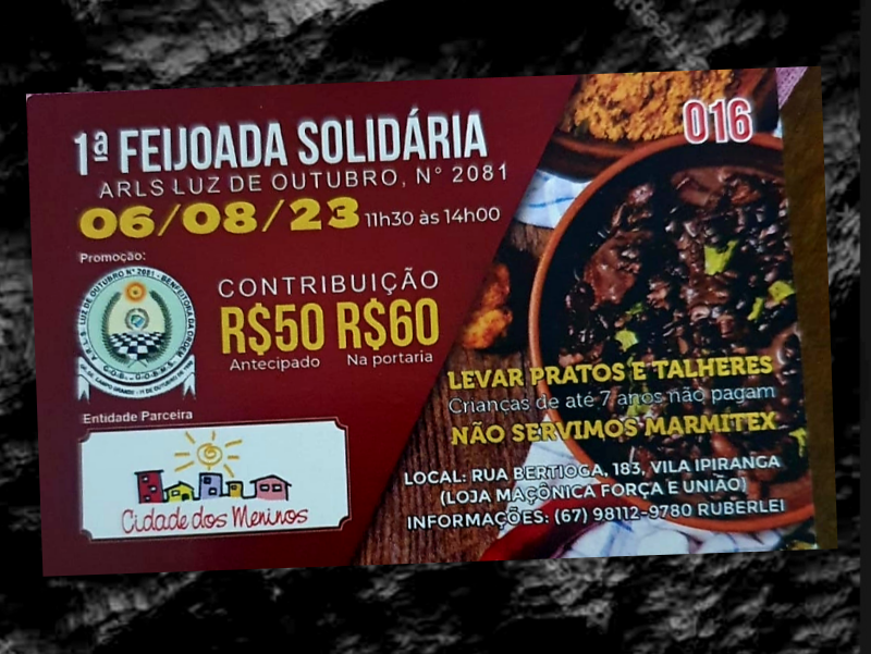 You are currently viewing 1ª Feijoada Solidária – Loja Luz de Outubro – Campo Grande MS – 06/08/2023