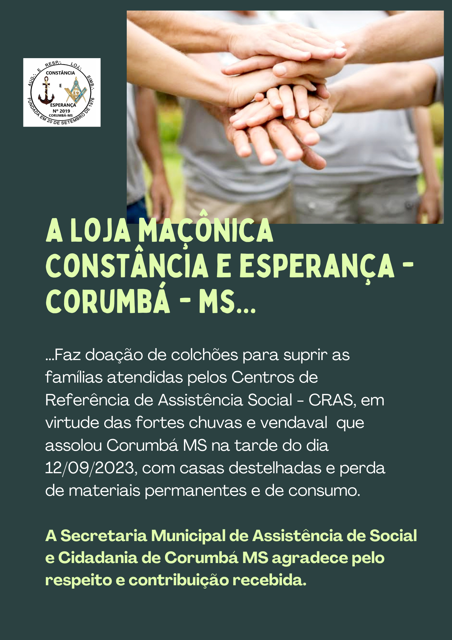 Read more about the article Loja Constância e Esperança – Filantropia – Corumbá MS – 16/09/2023